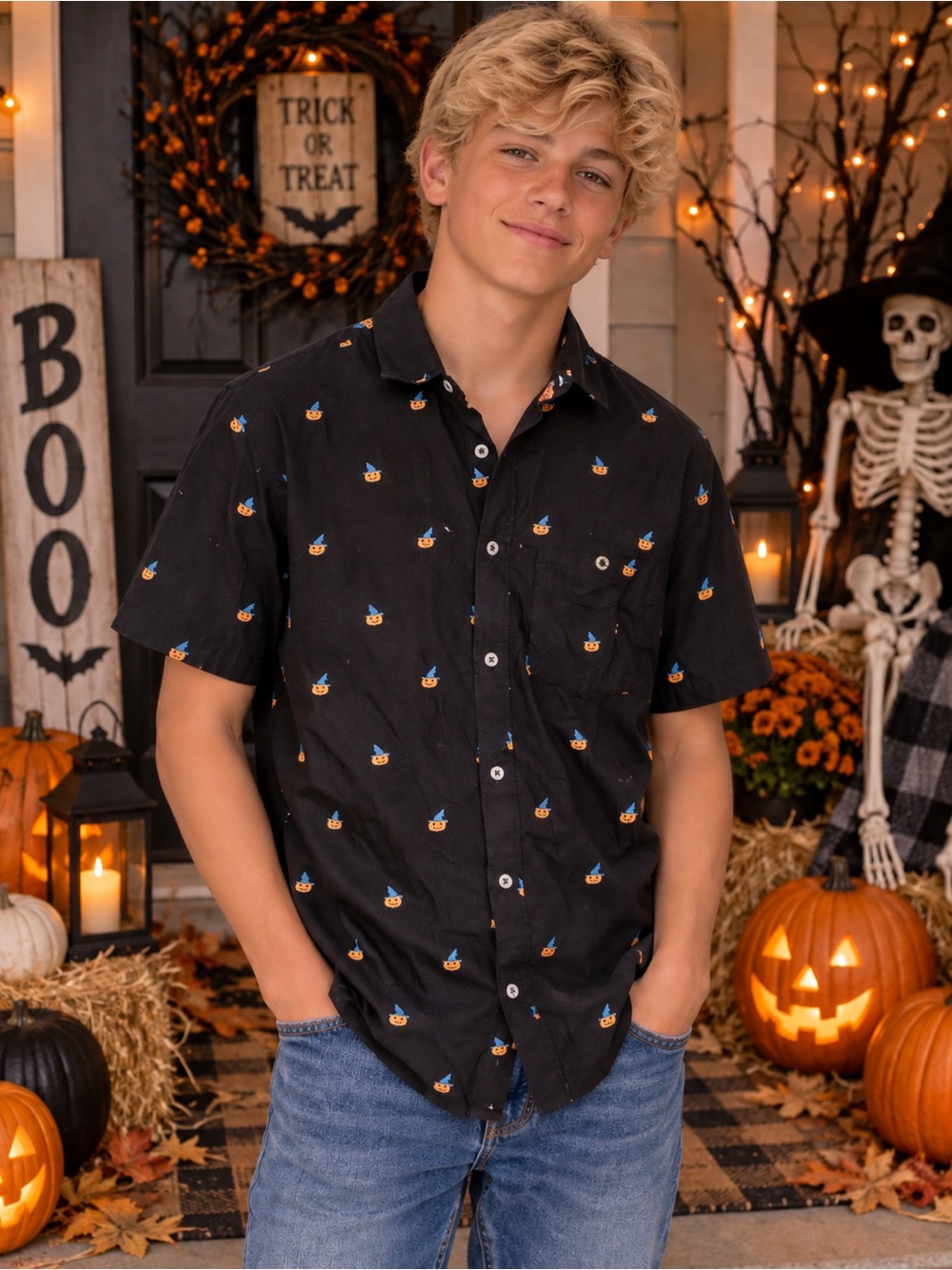 Black Short-Sleeve Button-Up Shirt with Nautical Print